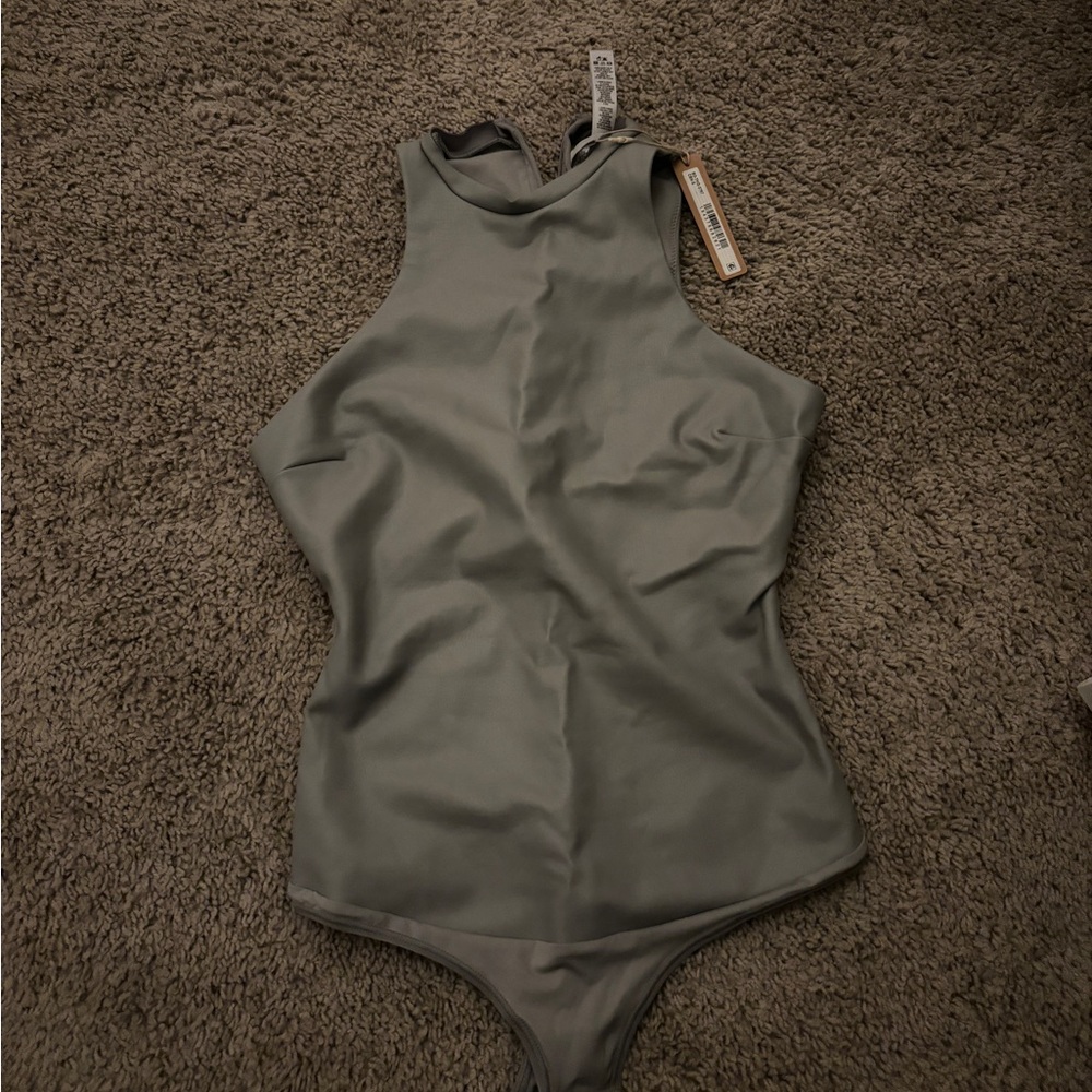 Gray leather skims bodysuit